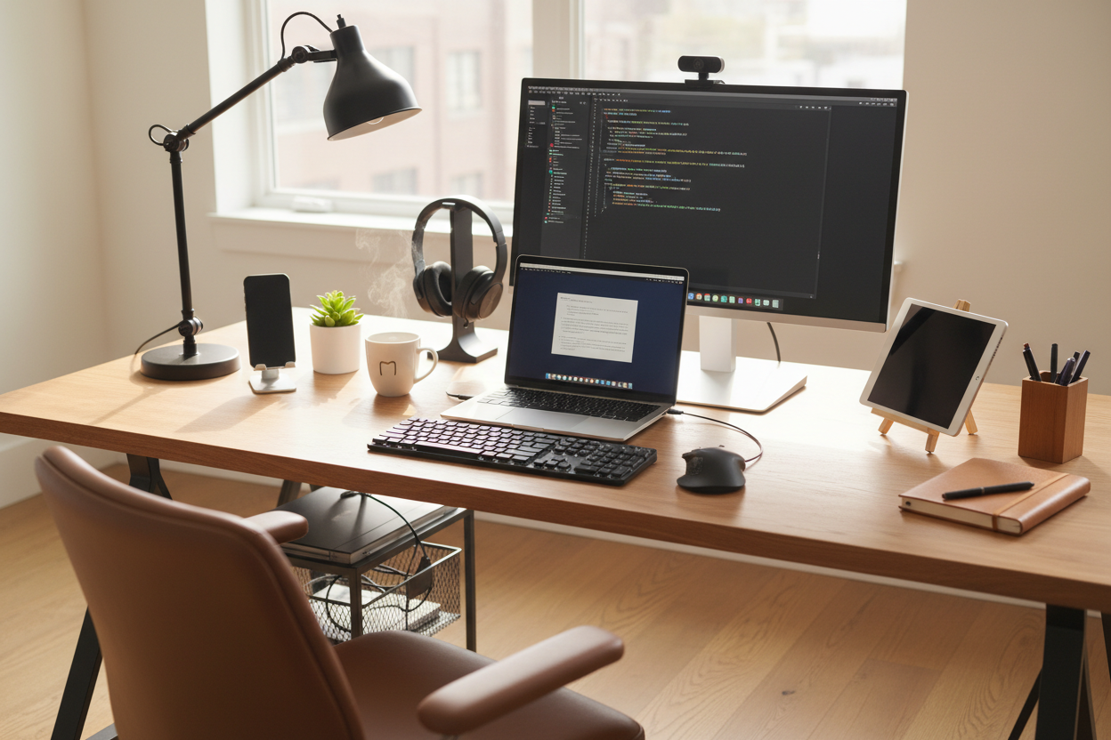 a desk with all the important gadgets for a home office